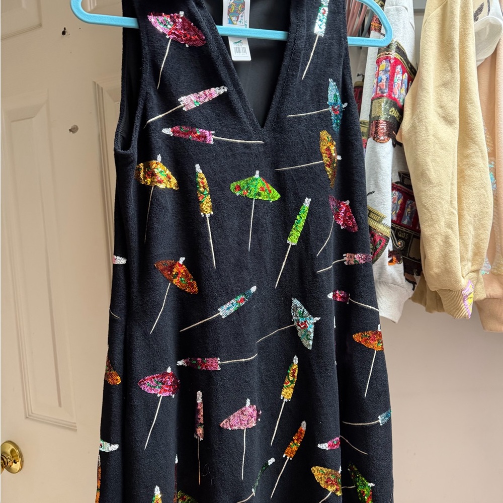 QUEEN OF SPARKLES Black Mini Dress with Colorful Umbrellas
